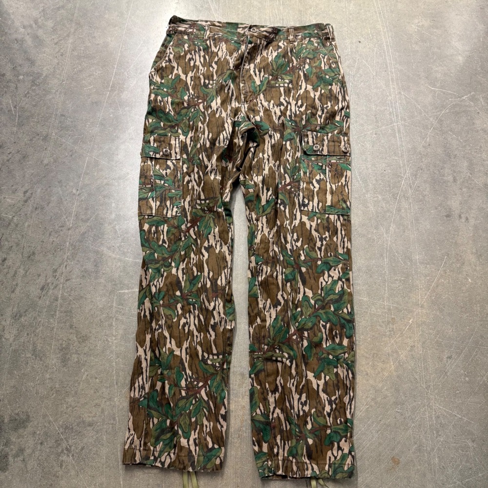 Vintage Mossy Oak Greenleaf Camo Canvas Cargo Pants USA Talon Zip 38x32
